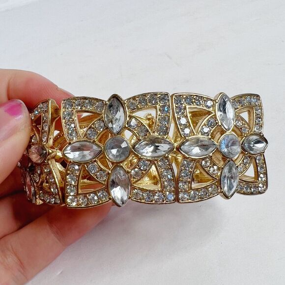 Vintage Gold Rhinestone Flower Bracelet Elastic Chunky Statement - Picture 2 of 4